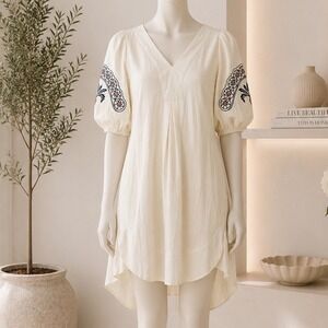 Cynthia Rowley Cream Linen Blend Embroidered Palm Tree Puff Sleeve Dress Spring